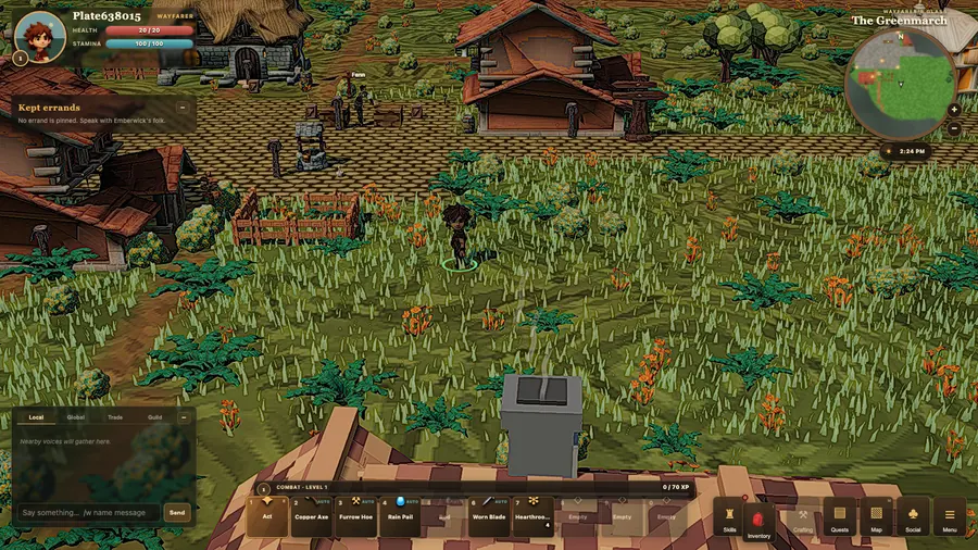 Emberwick in play: quest tracker, chat, skill bar and minimap around the world view